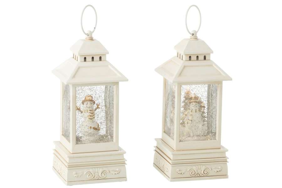 WATER GLOBE LANTERN SNOWMAN PLASTIC WHITE ASSORTMENT OF 2