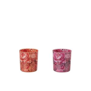 TEALIGHT HOLDER FLOWERS GLASS ORANGE/PINK SMALL ASSORTMENT OF 2
