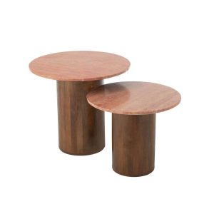 SET OF 2 SIDE TABLE ROUND MARBLE TERRACOTTA/DARK BROWN