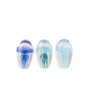 PAPERWEIGHT JELLYFISH GLASS BLUE/TURQUOISE ASSORTMENT OF 3