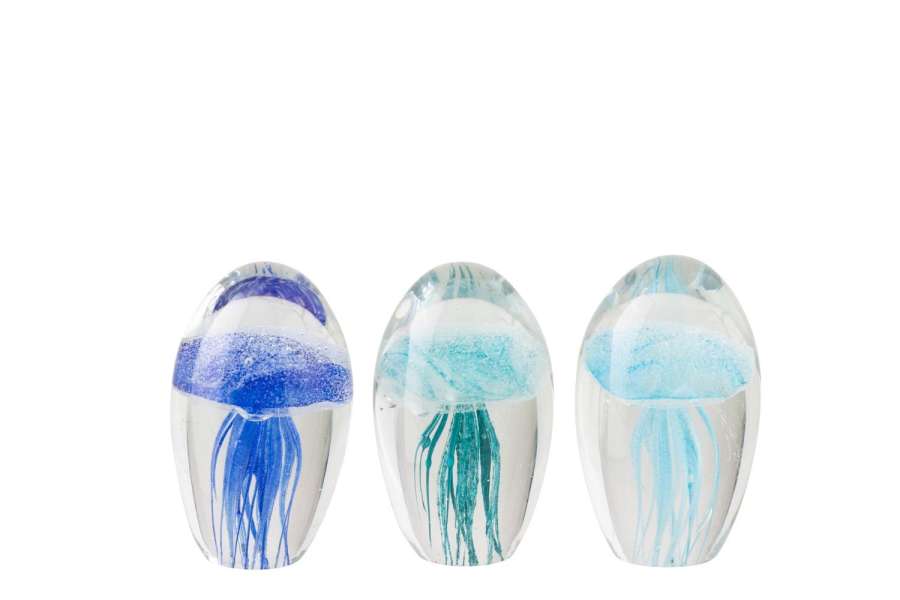 PAPERWEIGHT JELLYFISH GLASS BLUE/TURQUOISE ASSORTMENT OF 3