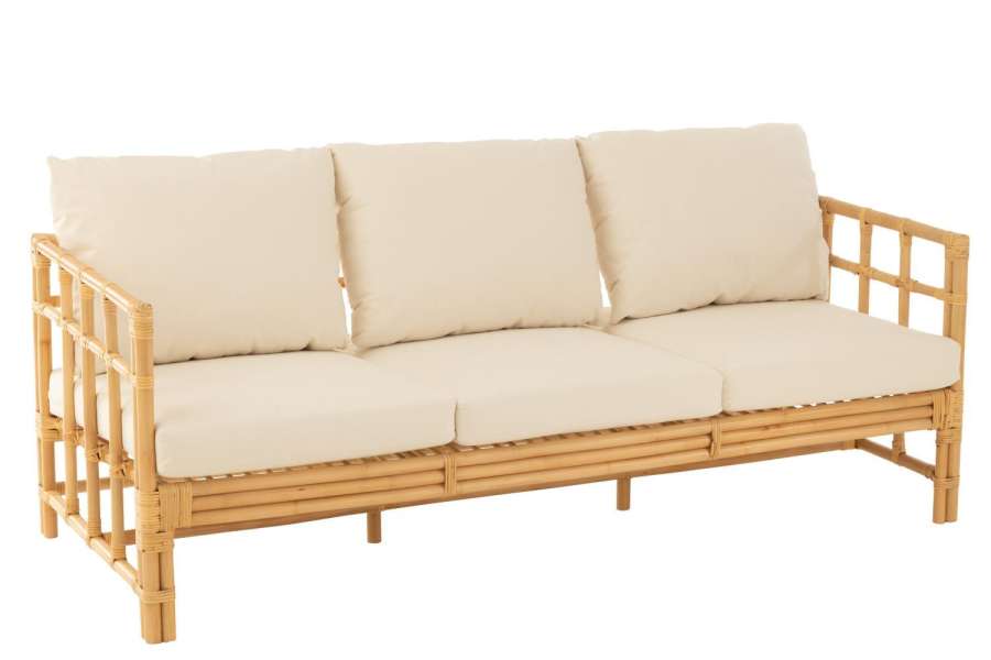 SOFA ELISE+CUSHION 3 PERSON RATTAN/TEXTILE NATURAL/WHITE