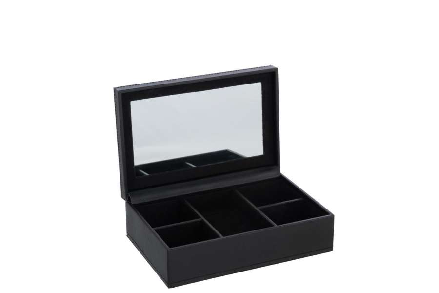 JEWELRY BOX 5 COMPARTIMENTS+MIRROR FAKE LEATHER BLACK