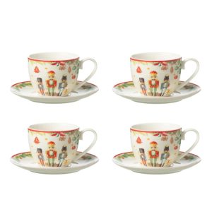 BOX OF 4 TEA CUP+ SAUCER NUTCRACKER CERAMICES WHITE