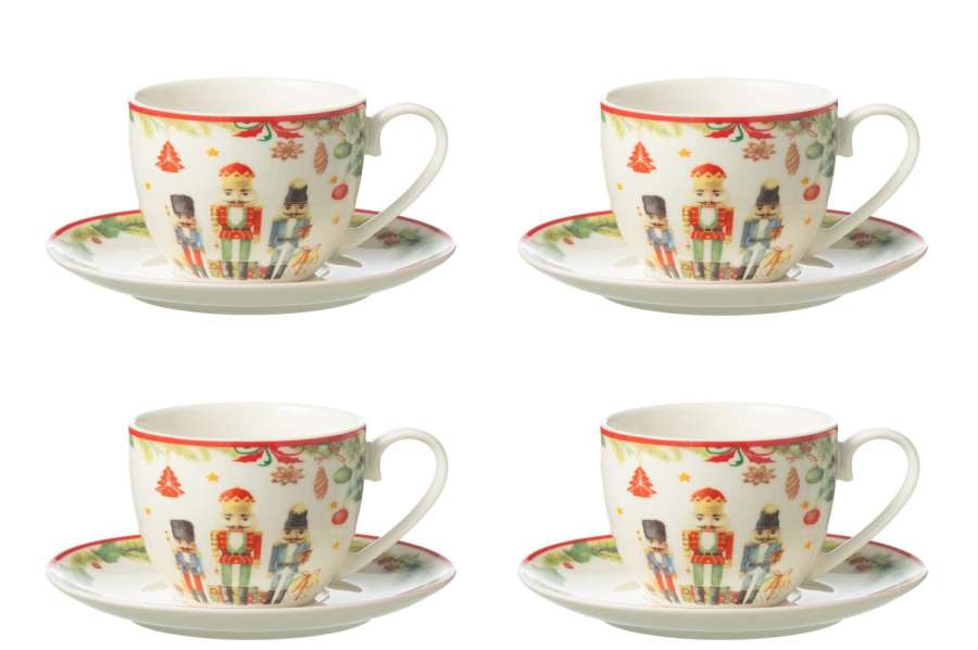 BOX OF 4 TEA CUP+ SAUCER NUTCRACKER CERAMICES WHITE