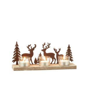 TEALIGHT HOLDER 3 PIECES REINDEERS/TREES METAL/WOOD BROWN