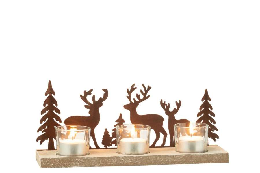 TEALIGHT HOLDER 3 PIECES REINDEERS/TREES METAL/WOOD BROWN