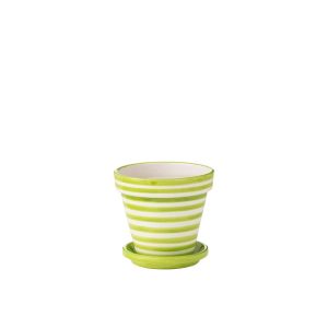 FLOWERPOT+PLATE GRANADA STRIPES HANDMADE/HANDPAINTED CERAMIC GREEN/WHITE MEDIUM