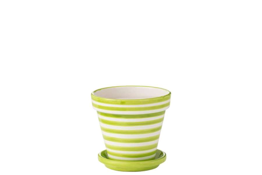 FLOWERPOT+PLATE GRANADA STRIPES HANDMADE/HANDPAINTED CERAMIC GREEN/WHITE MEDIUM