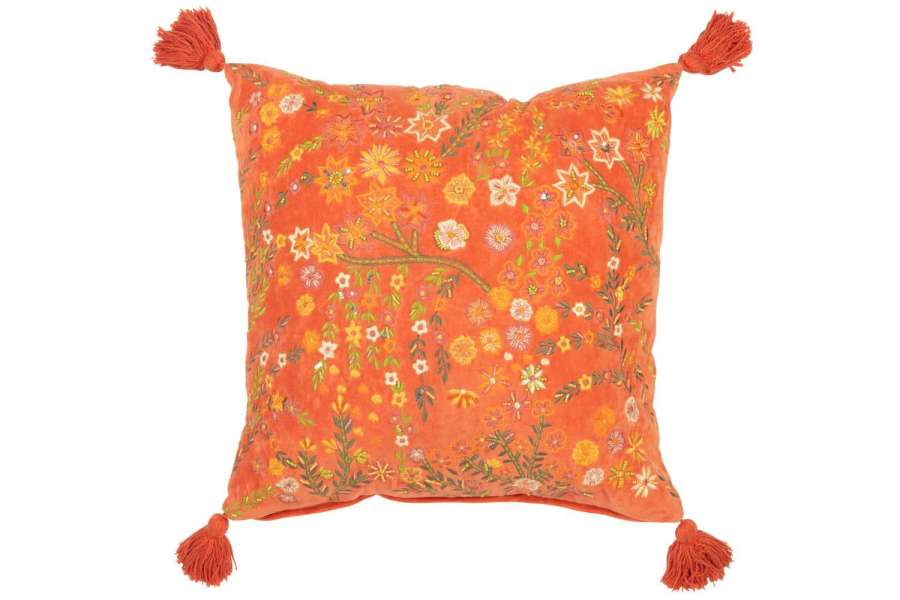 CUSHION SQUARE FLOWERS+TASSELS VELVET ORANGE