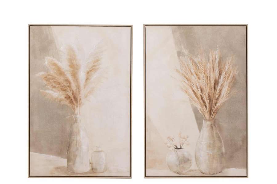 PAINTING VASE PAMPAS CANVAS/WOOD BEIGE ASSORTMENT OF 2