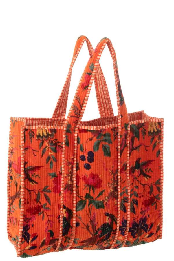 TOTE BAG BIRDS/FLOWERS COTTON VELVET ORANGE