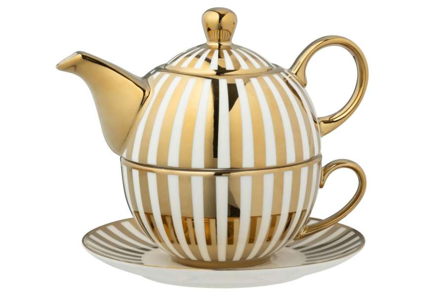BOX OF 1 TEAPOT STRIPED PORCELAIN GOLD COLORED/WHITE