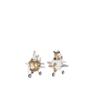 REINDEER + SANTA CLAUS IN PLANE METAL WHITE/GOLD COLORED SMALL ASSORTMENT OF 2