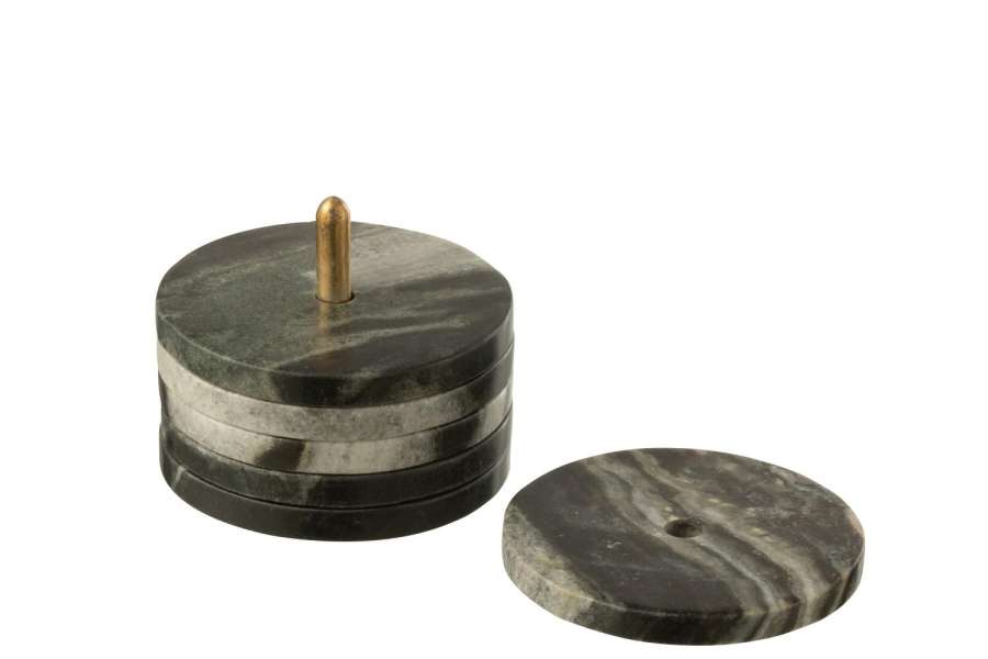 BOX OF 6 COASTER ROUND MARBLE BLACK/LIGHT GREY