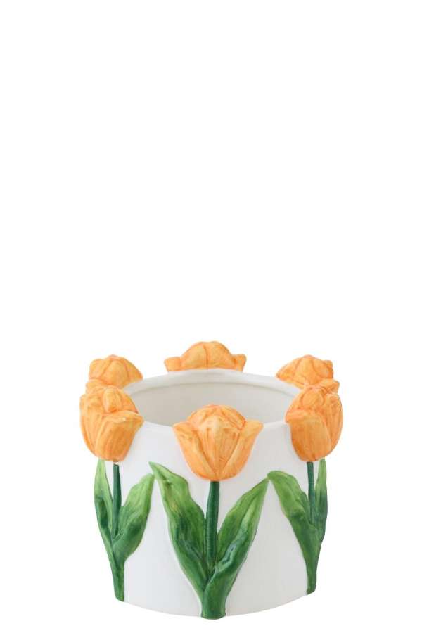 FLOWERPOT TULIP CERAMIC WHITE/ORANGE SMALL