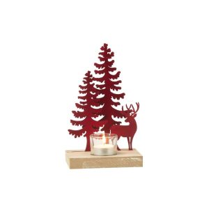 TEALIGHT HOLDER 1 PIECE REINDEER/TREES METAL/WOOD RED