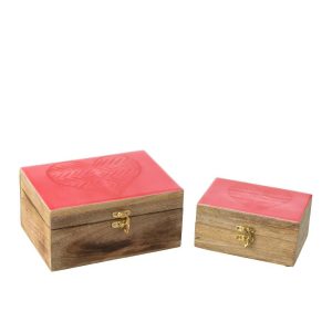 SET OF 2 BOXES HEART MANGO WOOD PINK