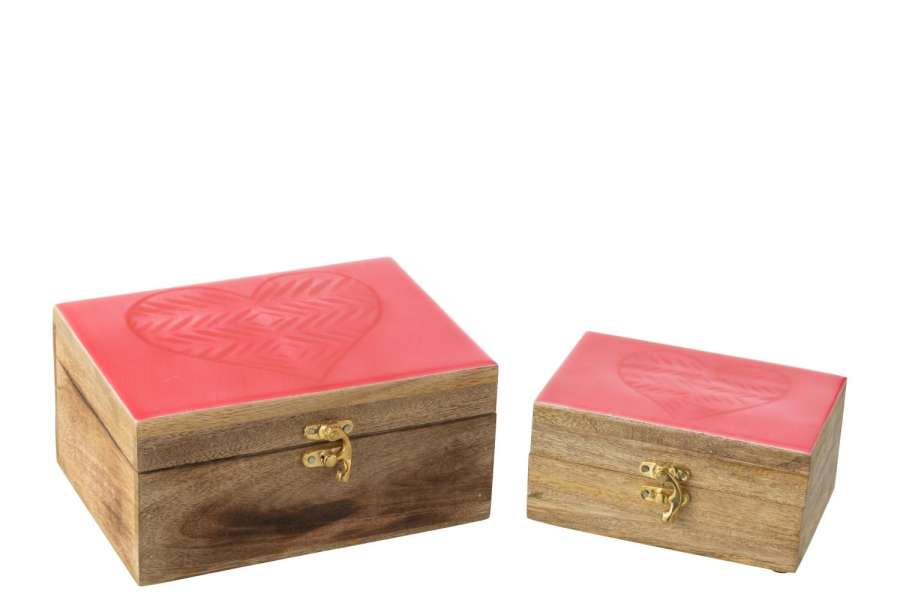 SET OF 2 BOXES HEART MANGO WOOD PINK