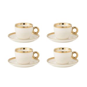 BOX OF 4 CUP+SAUCER CERAMIC WHITE/GOLD