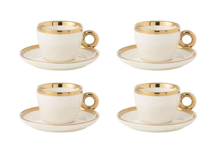 BOX OF 4 CUP+SAUCER CERAMIC WHITE/GOLD