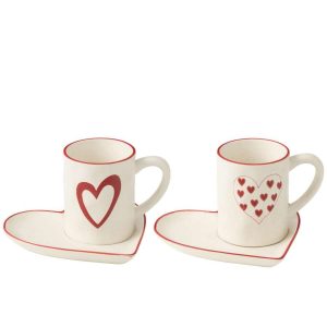 CUPS + SAUCER HEARTS PORCELAIN WHITE/RED ASSORTMENT OF 2
