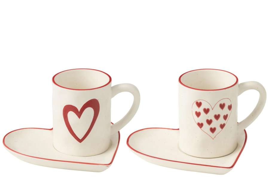 CUPS + SAUCER HEARTS PORCELAIN WHITE/RED ASSORTMENT OF 2