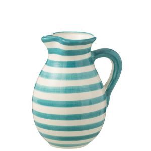 PITCHER GRANADA STRIPES CERAMIC WHITE/AQUA LARGE