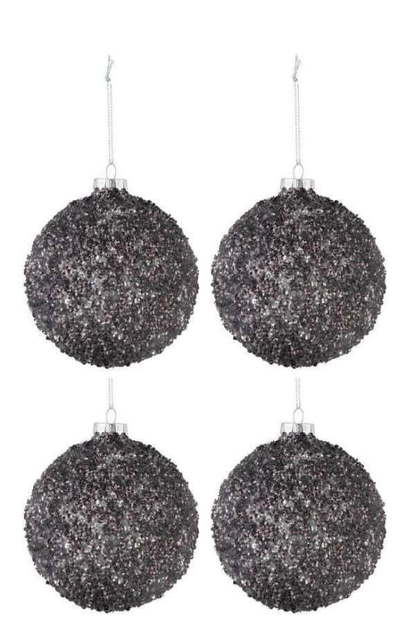 BOX OF 4 CHRISTMAS BAUBLES GLITTER GLASS ANTHRACITE GREY MEDIUM