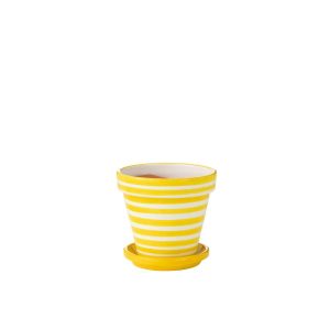 FLOWERPOT+PLATE GRANADA STRIPES HANDMADE/HANDPAINTED CERAMIC YELLOW/WHITE MEDIUM