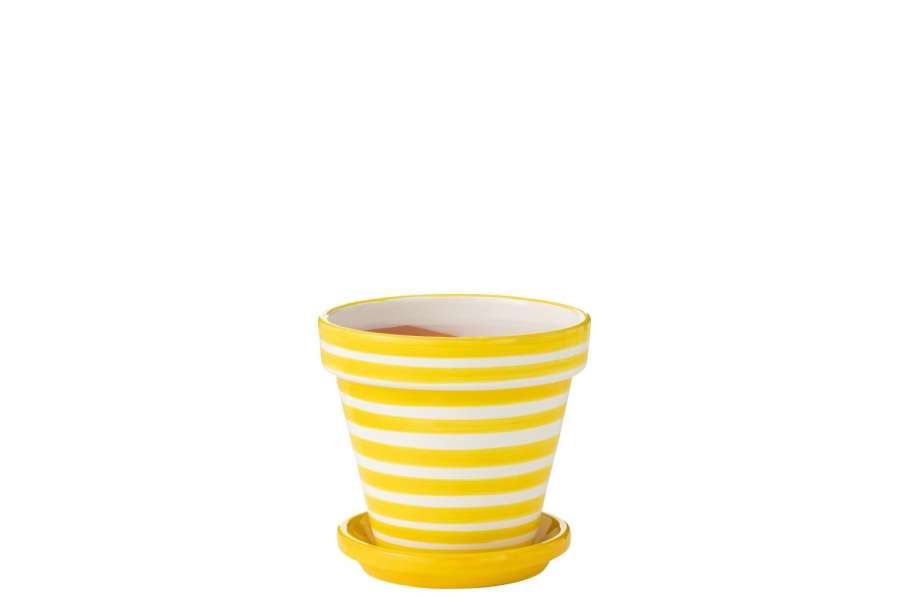 FLOWERPOT+PLATE GRANADA STRIPES HANDMADE/HANDPAINTED CERAMIC YELLOW/WHITE MEDIUM