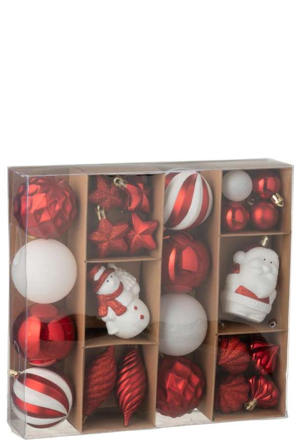 BOX OF 28 CHRISTMAS BAUBLE PLASTIC CHRISTMAS RED/WHITE