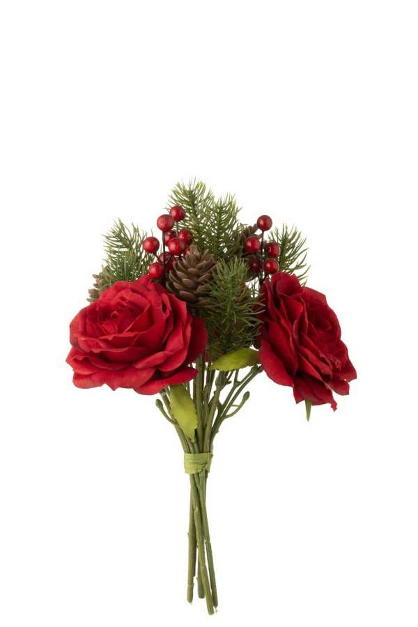 BOUQUET ROSE/BERRIES/PINE BRANCH PLASTIC RED/GREEN SMALL