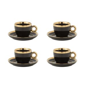 BOX OF 4 CUP+SAUCER CERAMIC BLACK/GOLD