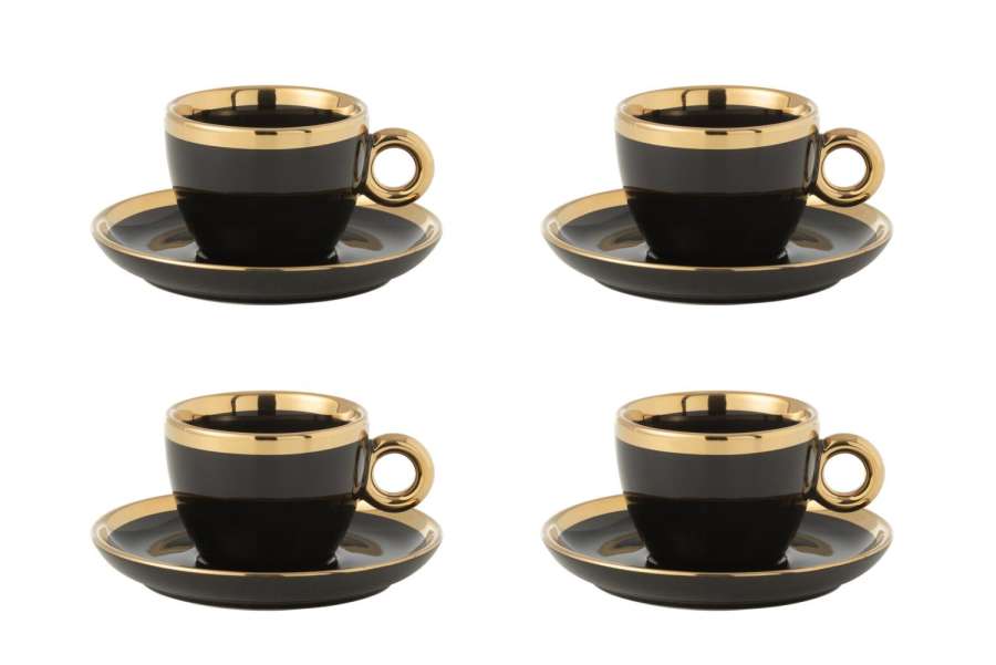 BOX OF 4 CUP+SAUCER CERAMIC BLACK/GOLD