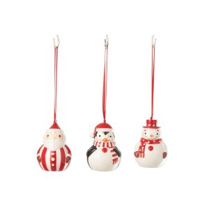 HANGER PENGUIN + SNOWMAN + SANTA CLAUS DOLOMITE CHRISTMAS RED/WHITE ASSORTMENT OF 3