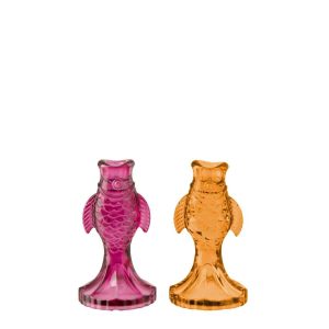 CANDLE HOLDER FISH GLASS PINK/ORANGE ASSORTMENT OF 2