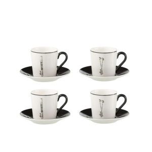 BOX OF 4 COFFEE CUP+SAUCER WINDOWNBOX CERANMICS BLACK/WHITE SMALL