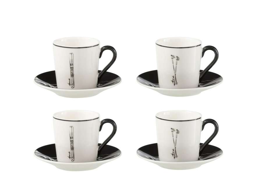 BOX OF 4 COFFEE CUP+SAUCER WINDOWNBOX CERANMICS BLACK/WHITE SMALL