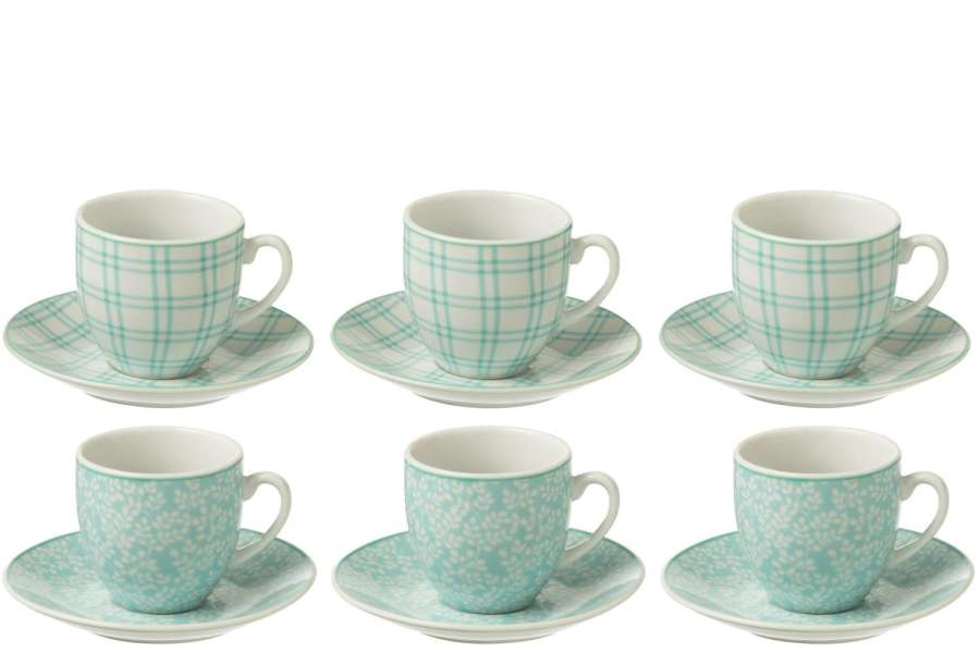 BOX OF 6 COFFEE CUP+SAUCER CERAMICS BLUE