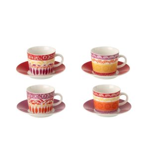 BOX OF 4 COFFEE CUP  +  SAUCER CERAMIC PURPLE/RED SMALL
