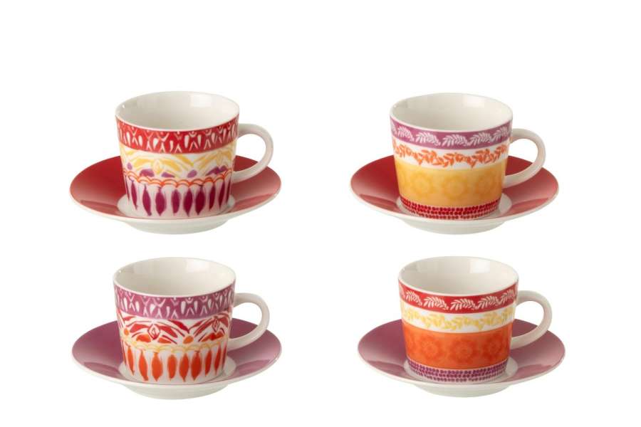 BOX OF 4 COFFEE CUP  +  SAUCER CERAMIC PURPLE/RED SMALL