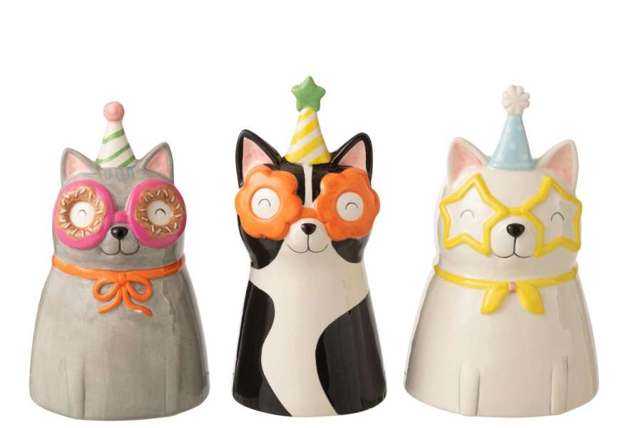 VASE CAT GLASSES CERAMIC MULTICOLORED ASSORTMENT OF 3