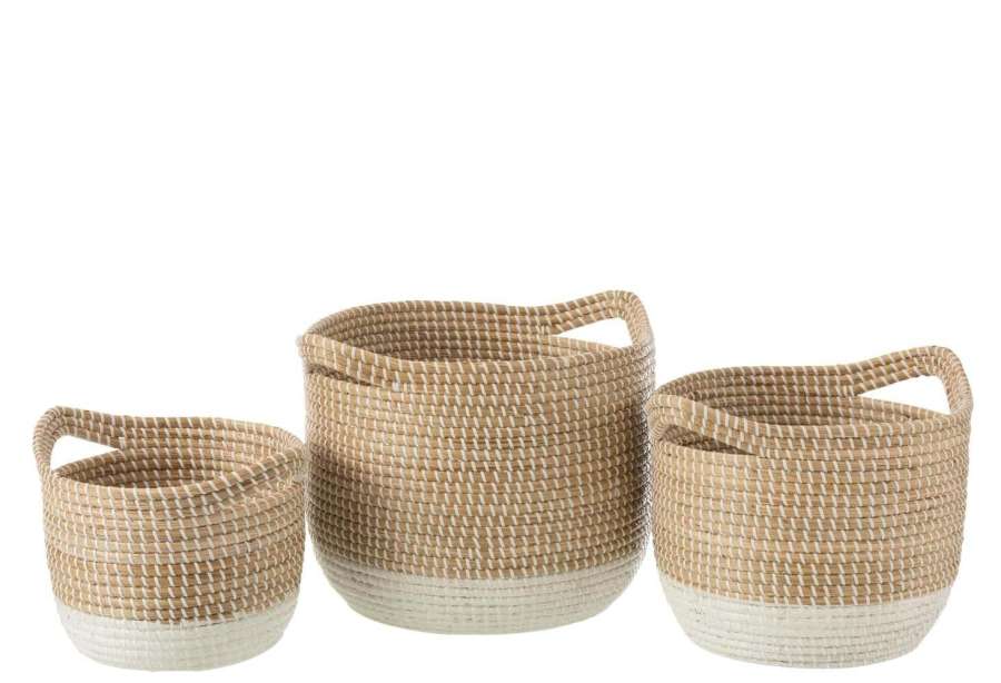 SET OF 3 BASKETS ROUND SEAGRASS NATURAL/WHITE