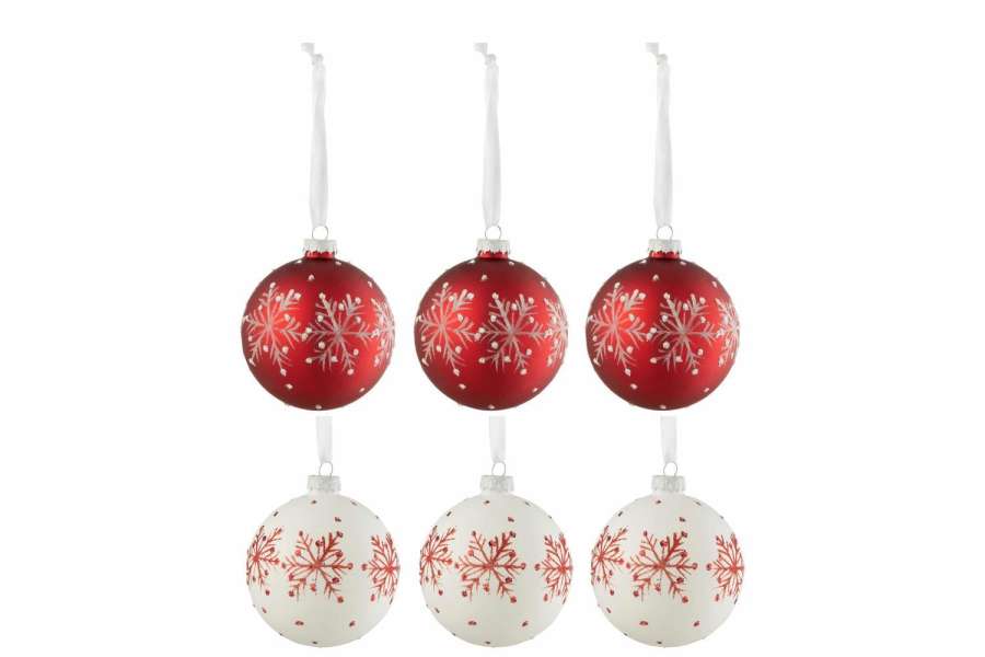 BOX OF 6 CHRISTMAS BAUBLES SNOWFLAKES GLITTER GLASS WHITE/RED SMALL
