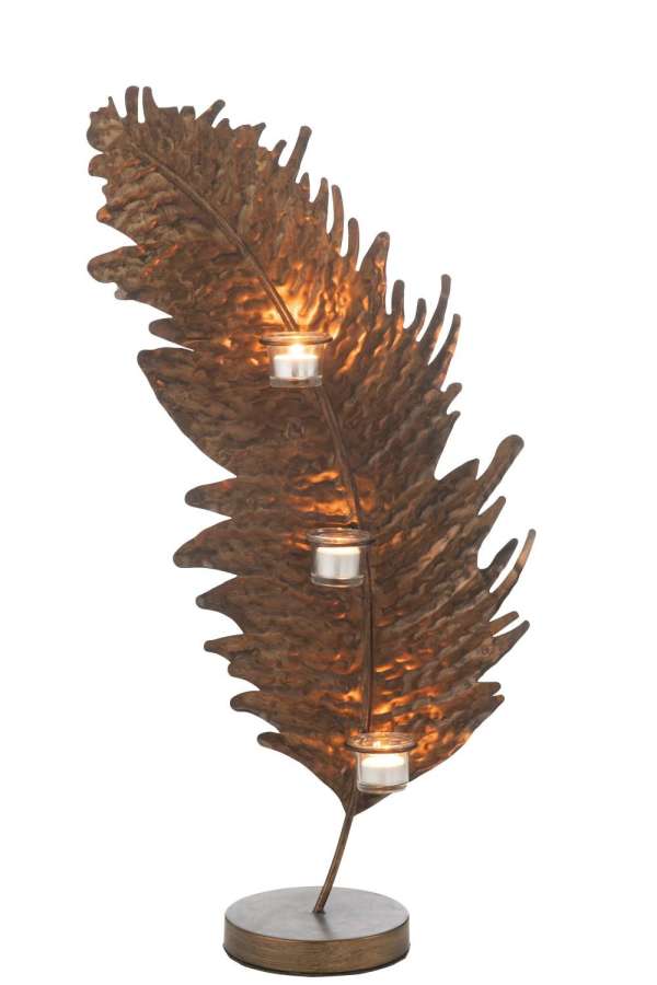 CANDLE HOLDER LEAF METAL/GLASS BROWN