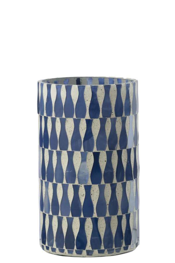 CANDLE HOLDER GLASS BLUE/WHITE LARGE