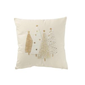 CUSHION CHRISTMAS TREES EMBOSSED COTTON WHITE/GOLD