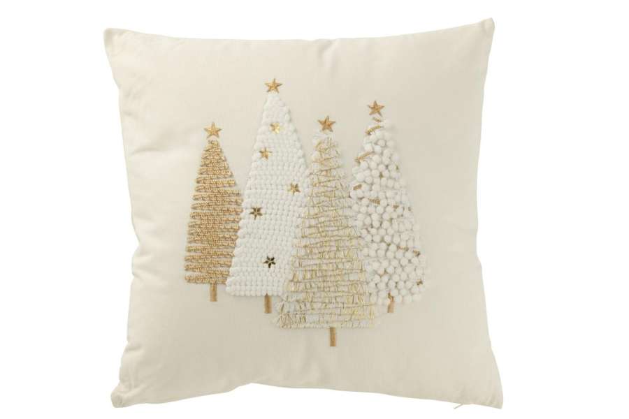 CUSHION CHRISTMAS TREES EMBOSSED COTTON WHITE/GOLD