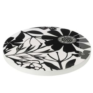 TRAY TURNING ROUND FLORAL PATTERN MANGO WOOD BLACK/WHITE